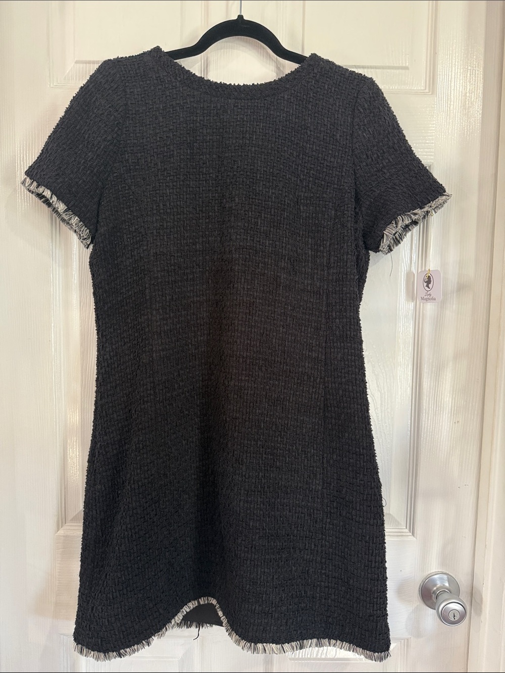 Tyler Boe Black Tweed Mini Dress with Fringe Trim